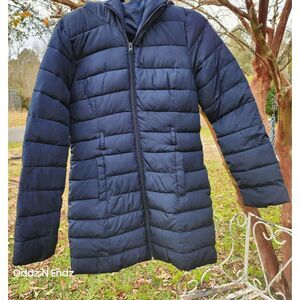 Hollister‎ Womens Puffer Jacket Medium Hooded Quilted Coat With Zip Closure Navy